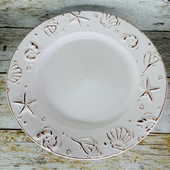 Thomson Pottery HAMPTON Seashells Embossed Rustic Off White Dinner Plates Set 4 - Picture 2 of 16